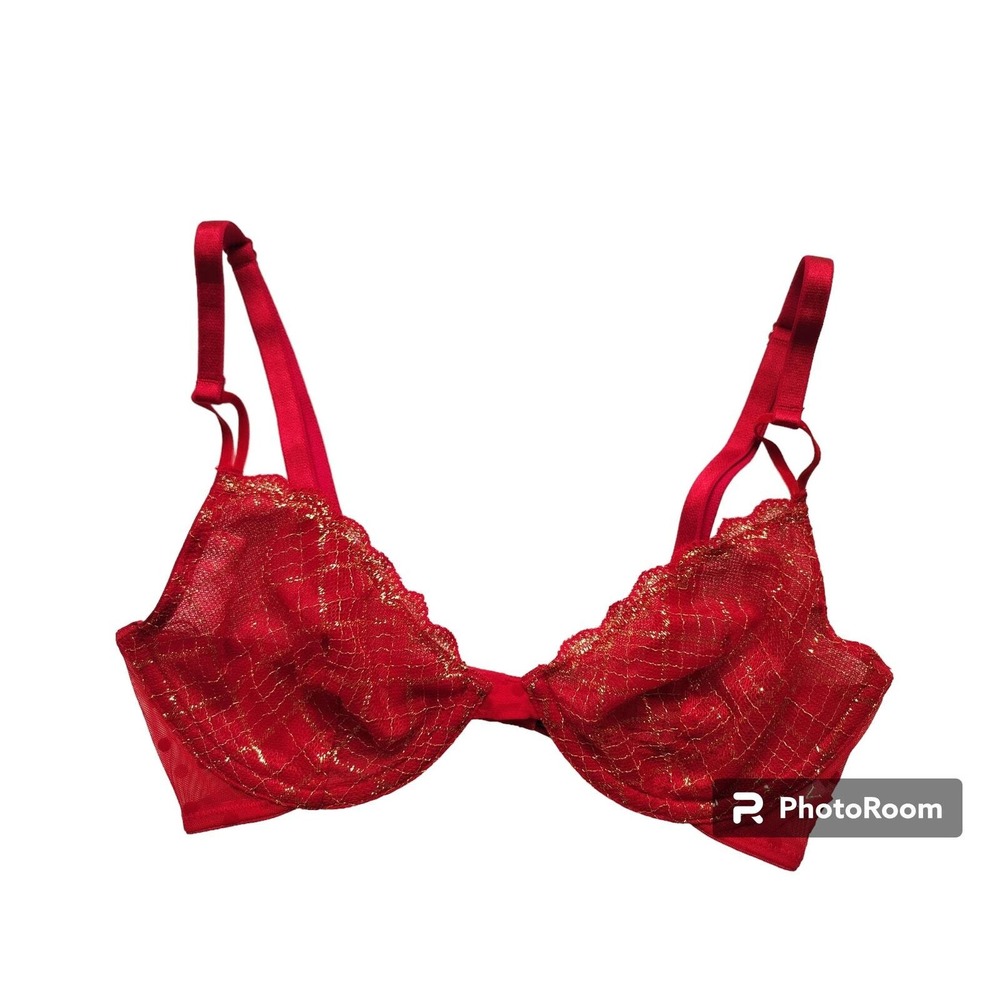 New Victoria's secret unlined demi red gold bra‎ without push size 32C